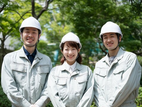 ヘルメットと作業着を着用して屋外の緑をバックに笑顔で並ぶ建設業の男女3人のグループ