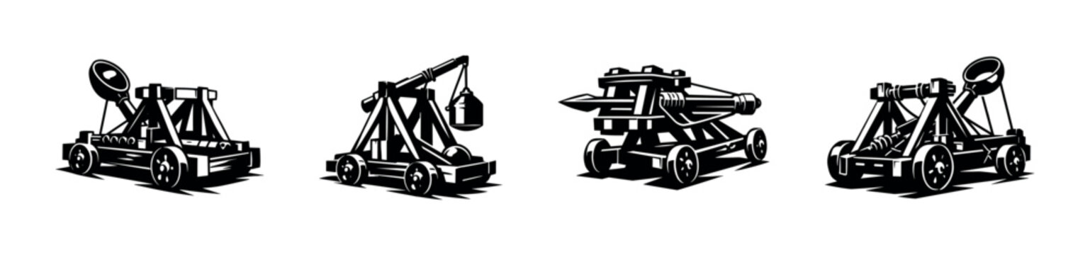 Black and white vector illustration of medieval siege weapons silhouette set