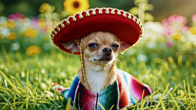 Chihuahua dog wearing sombrero and serape in sunny garden