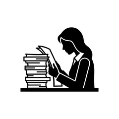 Woman reading book with stack.