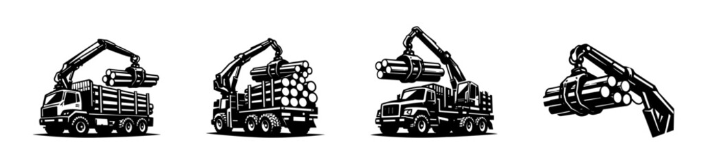 Naklejka premium Black and white vector illustration of logging trucks and cranes silhouette