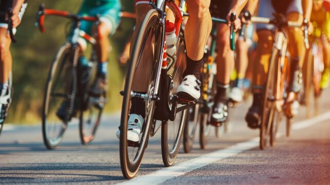 Close-up of a group of cyclists riding on an outdoor bike path