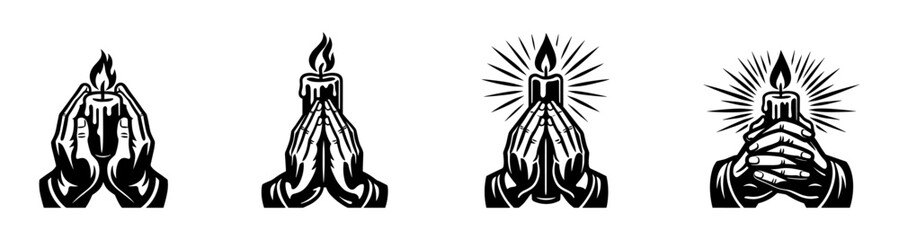 Praying hands holding candles vector set black and white silhouette illustration