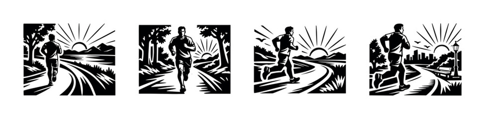 Fototapeta premium Black and white vector illustration of runner silhouettes in various landscapes