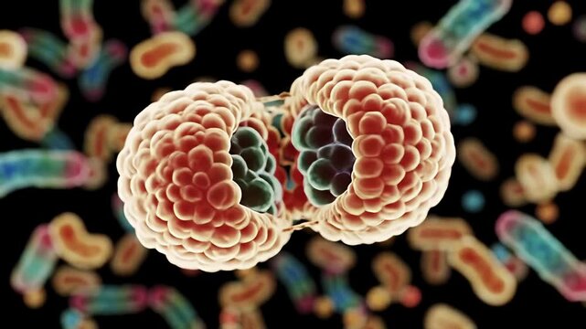 Two connected globular structures amongst blurred assorted colored microscopic forms