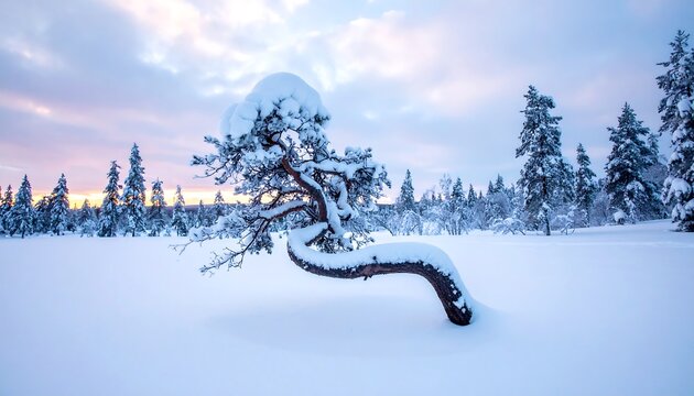 A snow-covered landscape scene featuring a unique, bent tree and other snow-laden evergreen trees under a pastel sky