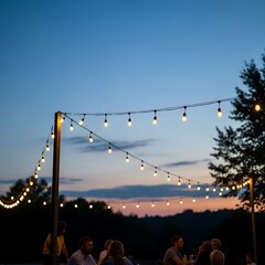 Evening Gathering with String Lights and Sunset Backdrop.