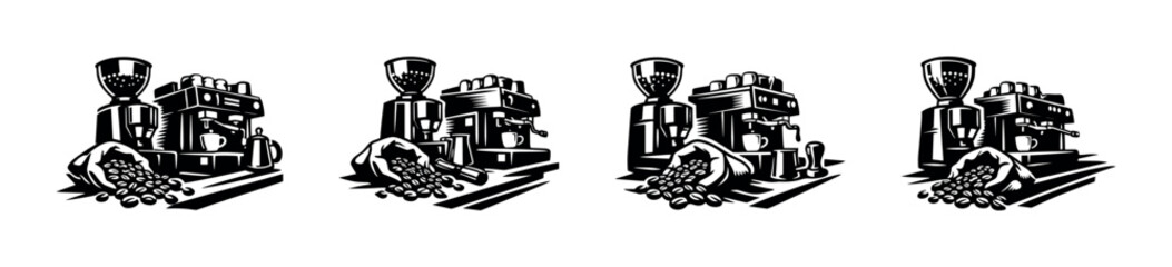 Fototapeta premium Coffee machine and beans illustration set in black and white silhouette style