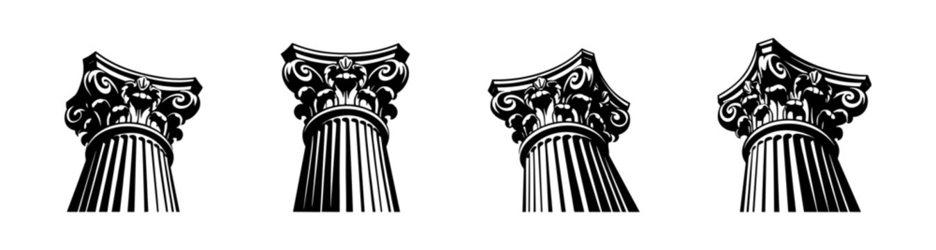 Classical corinthian columns silhouette set vector illustration in black and white