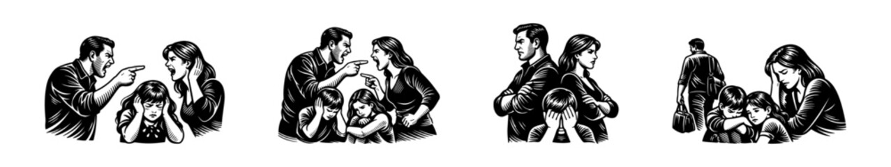 Obraz premium Illustration of family conflict black and white vector silhouettes