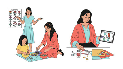 Crafting Moments: A mother and child joyfully engaged in a crafting activity, fostering creativity and bonding. The image presents a heartwarming depiction of family time and artistic expression. © Atiya