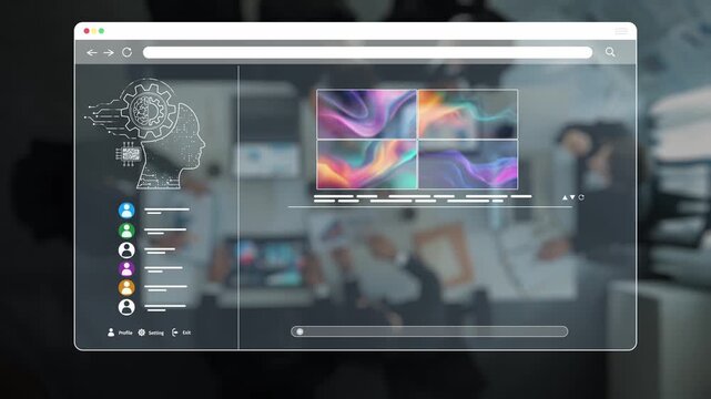This image showcases a futuristic digital interface set in a collaborative workspace, blending innovation with technology in a modern business environment. Raster