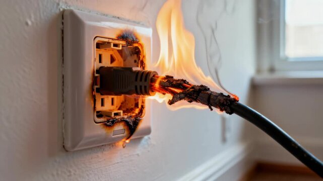 Electrical fire burning at a wall outlet with flames and smoke coming from a damaged power cord.