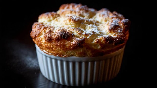 Close Up of Fluffy Golden Baked Souffle with Powdered Sugar, a Delicious Dessert.