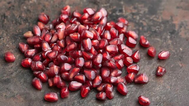 Delicious and healthy vibrant red pomegranate arils scattered on a rustic dark background.