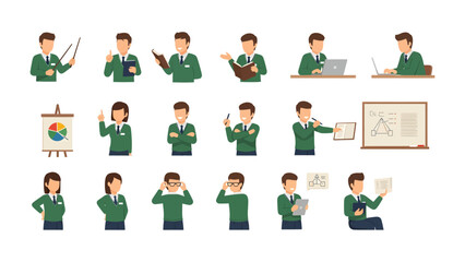 Business professionals actions set: A dynamic collection of business professionals engaging in diverse activities, from presentations to focused work, capturing the essence of professional life.