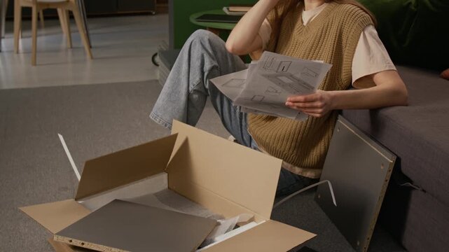 Medium tilting shot of pieces of flat pack chipboard furniture kit scattered on floor in living room, and smiling mature Caucasian woman studying instructions for assembling cabinet at home
