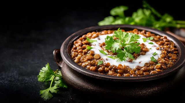 Delicious Healthy Lentil Dal with Creamy Yogurt and Fresh Cilantro in a Rustic Bowl.