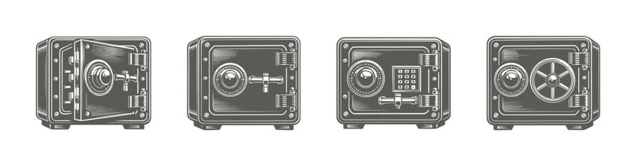 Vintage safe box illustrations set, detailed vector silhouette