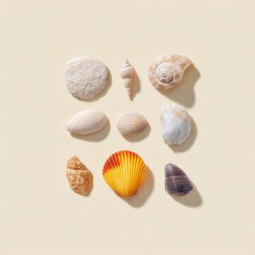 Assortment of Colorful Seashells and Marine Elements on Soft Beige Background for Coastal Decor and Nature Themes