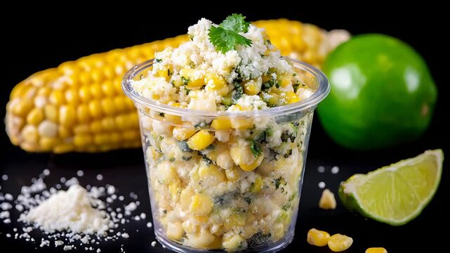 Vibrant Mexican Street Corn Elote in a Cup with Fresh Lime and Cotija Cheese.