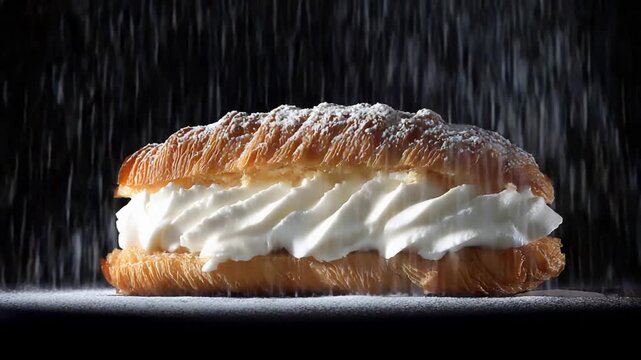 Freshly baked pastry with whipped cream filling, powdered sugar gently falling onto sweet dessert.