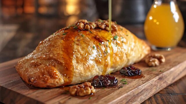 Delicious Golden Pastry Being Drizzled with Sweet Honey, Garnished with Walnuts and Dried Fruits.