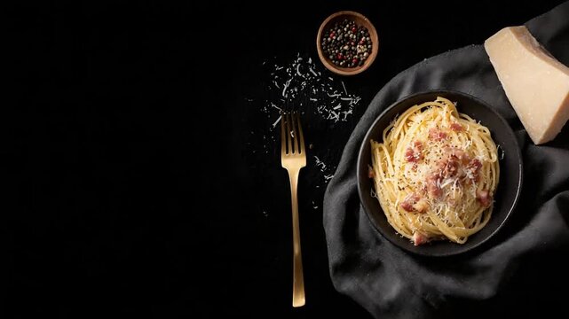 Delicious Carbonara Pasta Bowl Served on a Dark Table with Grated Parmesan Cheese.