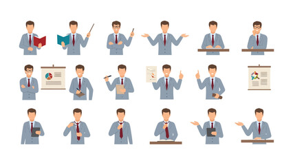 Business Presentation Illustration: A series of illustrations capturing a professional in various poses, including gestures and props.