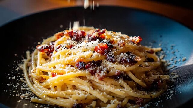 Close Up of Delicious Italian Pasta Carbonara Topped with Grated Parmesan Cheese Sprinkles.