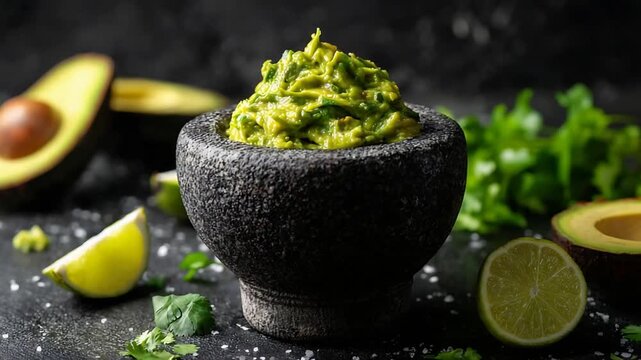 Delicious vibrant green guacamole in a traditional Mexican molcajete bowl, ready to eat.