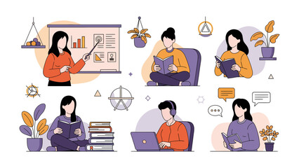Online Learning and Study: A set of illustrations showcasing individuals engaged in various learning activities, including reading, teaching, and using technology. 