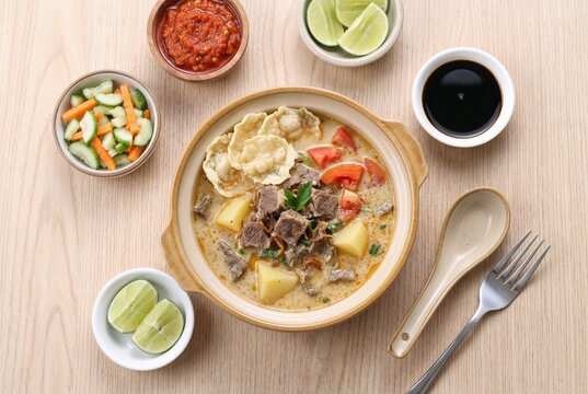 Indonesian Sop Buntut Oxtail Soup with Vegetables, Sambal and Lime Top View
