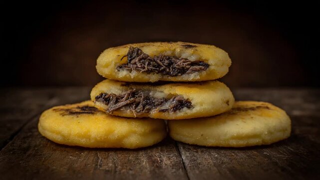 Delicious Golden Arepas Stuffed with Savory Shredded Beef on a Dark Rustic Wooden Table.