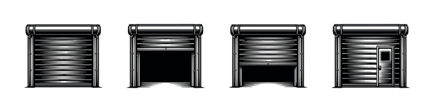 Industrial roller shutter door set black and white vector illustration