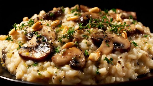 Delicious gourmet mushroom risotto served on a plate, showcasing rich texture and fresh ingredients.