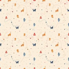 Light delicate seamless pattern with hand drawn cute tiny cats and swirling yarn threads © paultarasenko