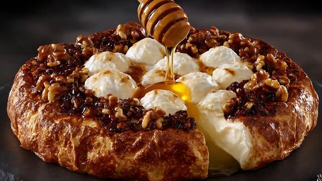 Sweet honey slowly pours over warm baked pastry with goat cheese and crunchy walnuts.