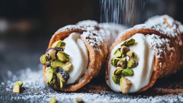 Exquisite Italian Cannoli Delicacies Topped with Cream, Pistachios, and Falling Powdered Sugar.
