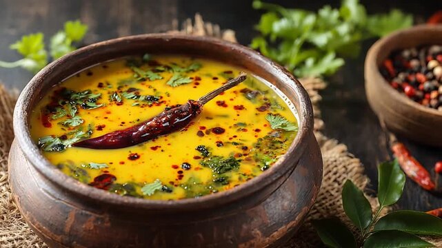 Delicious Indian Yellow Dal Curry in Rustic Bowl Garnished with Chili and Fresh Herbs.