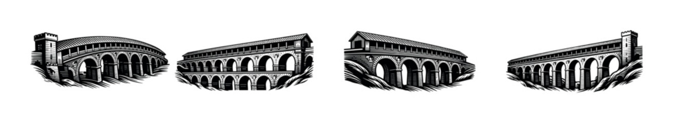 Obraz premium Vector silhouette of roman aqueducts illustration in black and white set