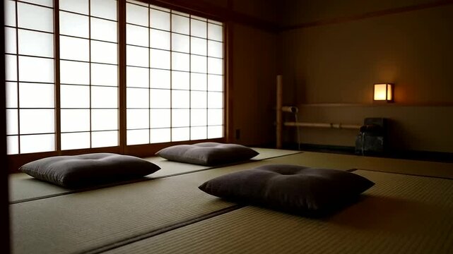 A minimalist Japanese interior showcases the serene Shared Workspace Dynamics of a tatami room, fostering calm and traditional gatherings.