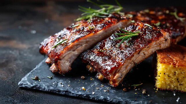 Delicious Glazed BBQ Ribs with Fresh Rosemary and Cornbread Served on a Dark Slate Board.