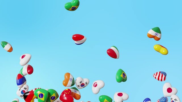 Seamless loop animation of heart icons decorated with international country flags pouring down and filling the frame.