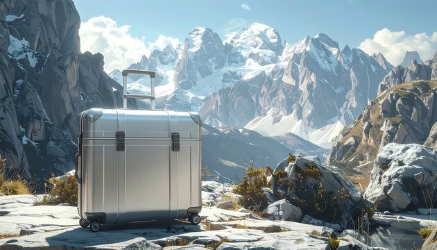 A sleek, metallic rolling suitcase stands proudly amidst a stunning mountain panorama under a bright sky
