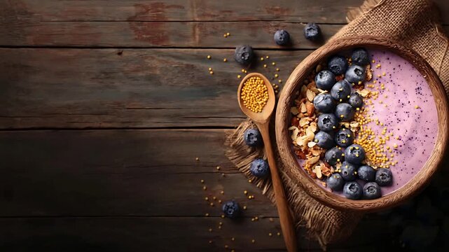 Delicious Blueberry Smoothie Bowl with Granola and Bee Pollen on Rustic Wooden Table.