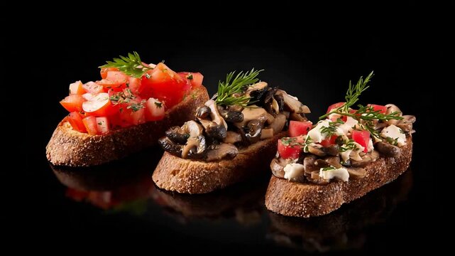 Delicious Gourmet Bruschetta Appetizers with Fresh Tomatoes, Mushrooms, and Feta Cheese on Toast.