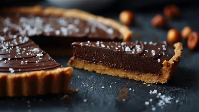 Rich Chocolate Tart Slices with Sea Salt Flakes Ready to Serve.