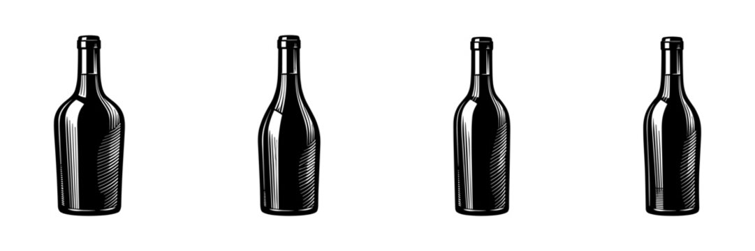 Set of four black and white wine bottle silhouettes vector illustration