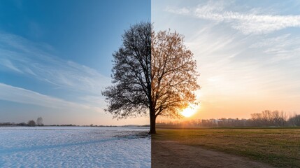 Naklejka premium Single tree dividing frozen snowy field and sunlit grassy land at sunset. Dramatic contrast of winter and spring in rural landscape. Seasonal transition concept, nature change, climate shift